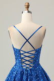 Sequins Dark Blue A Line Short Corset Graduation Dress