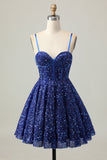 Sparkly Dark Blue A Line Corset Sequins Graduation Dress