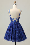 Sparkly Dark Blue A Line Corset Sequins Graduation Dress