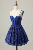 Sparkly Dark Blue A Line Corset Sequins Graduation Dress