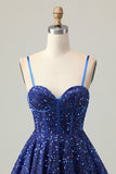 Sparkly Dark Blue A Line Corset Sequins Graduation Dress