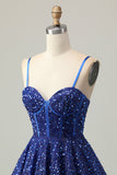 Sparkly Dark Blue A Line Corset Sequins Graduation Dress