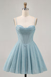 Grey Blue Corset A Line Spaghetti Straps Graduation Dress