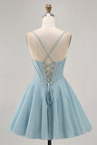 Grey Blue Corset A Line Spaghetti Straps Graduation Dress