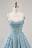 Grey Blue Corset A Line Spaghetti Straps Graduation Dress