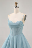 Grey Blue Corset A Line Spaghetti Straps Graduation Dress