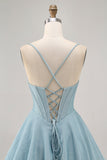 Grey Blue Corset A Line Spaghetti Straps Graduation Dress