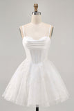 White A-Line Corset Spaghetti Straps Satin Graduation Dress with Appliques