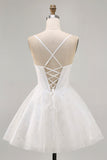 White A-Line Corset Spaghetti Straps Satin Graduation Dress with Appliques