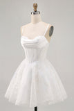 White A-Line Corset Spaghetti Straps Satin Graduation Dress with Appliques