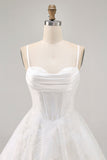 White A-Line Corset Spaghetti Straps Satin Graduation Dress with Appliques