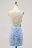 Sparkly Blue One Shoulder Short Graduation Dress with Slit