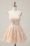 Apricot A Line Spaghetti Straps Floral Short Graduation Dress with Appliques
