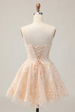 Apricot A Line Spaghetti Straps Floral Short Graduation Dress with Appliques