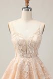 Apricot A Line Spaghetti Straps Floral Short Graduation Dress with Appliques