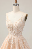 Apricot A Line Spaghetti Straps Floral Short Graduation Dress with Appliques