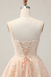 Apricot A Line Spaghetti Straps Floral Short Graduation Dress with Appliques