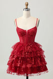 Sparkly Dark Red A-Line Tiered Corset Sequin Mini Graduation Dress