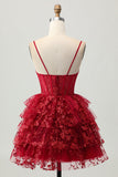 Sparkly Dark Red A-Line Tiered Corset Sequin Mini Graduation Dress