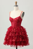 Sparkly Dark Red A-Line Tiered Corset Sequin Mini Graduation Dress