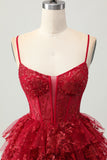 Sparkly Dark Red A-Line Tiered Corset Sequin Mini Graduation Dress