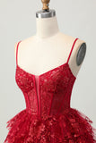 Sparkly Dark Red A-Line Tiered Corset Sequin Mini Graduation Dress