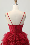 Sparkly Dark Red A-Line Tiered Corset Sequin Mini Graduation Dress