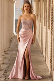 Blush Mermaid Sheer Corset Beaded Strapless Long Prom Dress With Slit
