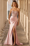 Blush Mermaid Sheer Corset Beaded Strapless Long Prom Dress With Slit