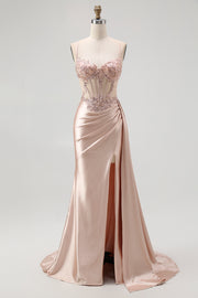 Champagne Mermaid Corset Beaded Satin Long Prom Dress with Slit