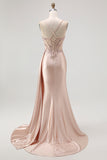 Champagne Mermaid Corset Beaded Satin Long Prom Dress with Slit