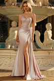 Champagne Mermaid Sheer Corset Beaded Side Streamer Long Prom Dress with Slit
