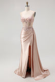 Champagne Mermaid Corset Beaded Satin Long Prom Dress with Slit