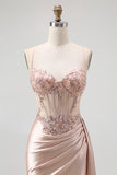 Champagne Mermaid Corset Beaded Satin Long Prom Dress with Slit