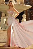 Champagne Mermaid Sheer Corset Beaded Side Streamer Long Prom Dress with Slit
