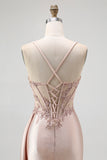 Champagne Mermaid Corset Beaded Satin Long Prom Dress with Slit