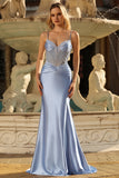Sparkly Grey Blue Mermaid Ruched Corset Satin Long Prom Dress with Rhinestones