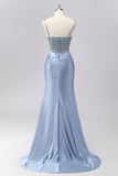 Sparkly Grey Blue Spaghetti Straps Mermaid Satin Prom Dress with Rhinestones