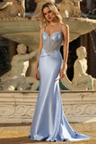 Sparkly Grey Blue Mermaid Ruched Corset Satin Long Prom Dress with Rhinestones