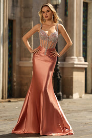 Mermaid Spaghetti Straps Corset Blush Long Prom Dress with Rhinestones