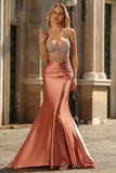 Mermaid Spaghetti Straps Corset Blush Long Prom Dress with Rhinestones
