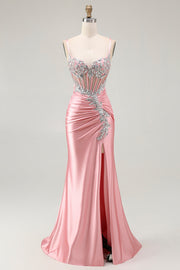 Blush Mermaid Corset Sequin Long Prom Dress with Ruffled Slit