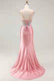 Blush Mermaid Corset Sequin Long Prom Dress with Ruffled Slit