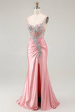 Blush Mermaid Corset Sequin Long Prom Dress with Ruffled Slit