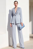 Grey Blue 2-Piece One Button Women Suits with Lace