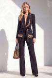 Black Leopard print Slim Fit 2-piece Women Suits