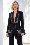 Black Leopard print Slim Fit 2-piece Women Suits