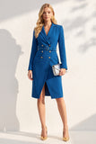 Ink Blue Notched Lapel Double Breasted Blazer Dress with Belt