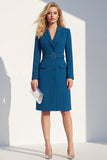 Dark Blue Single Breasted Peak Lapel Blazer Dress with Belt