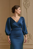 Mermaid Satin V Neck Navy Wedding Guest Dress with 3/4 Sleeves